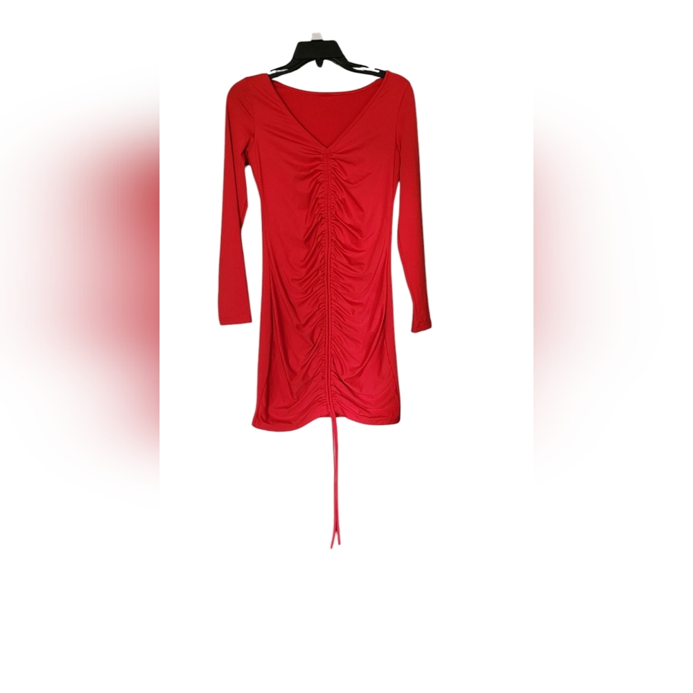 Red Ruched Long Sleeve Dress